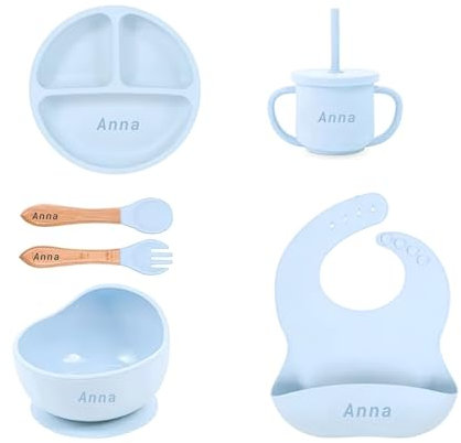 Set de gruau de sevrage personnalisé en silicone pour bébé, ensemble complet de sevrage comprend, bavoir, bol, tasse, cuillère à café en silicone 100 % alimentaire (azur)