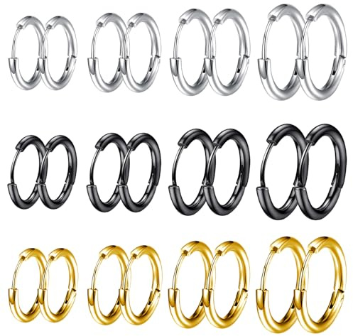 JSTHHTT Creolen Ohrringe 12 Pcs - kleine Gold/Silber/Schwarz Kreise 8/10/12/14MM für Herren, Mädchen, Jungen