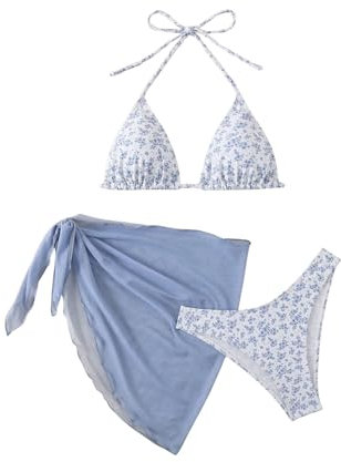 GORGLITTER Damen Bikini Set 3 Teiliger Bikini-Sets mit Blumenmuster Neckholder Badeanzug mit Cover Up Rock Swimsuit Set Blau L
