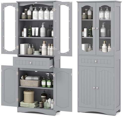 GIANTEX Badezimmerschrank, Hochschrank mit Schublade, 4 Türen & verstellbaren Abalgen, 60 x 30 x 160 cm, Aufbewahrungsschrank für Badezimmer, Flur, Küche & Wohnzimmer (Grau, mit Schublade)