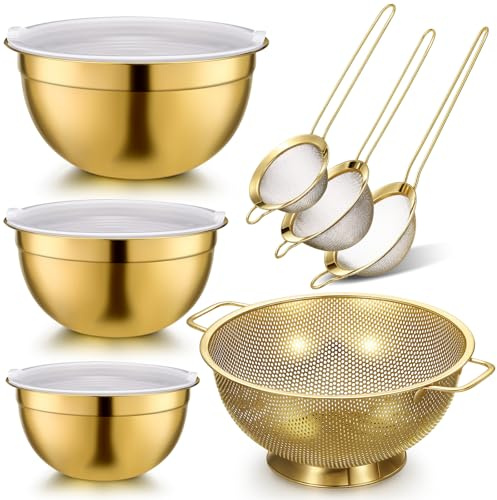 Baderke 7-teiliges goldenes Küchenzubehör inklusive Edelstahlsieb mit Griffen, 3 goldfarbenen Rührschüsseln mit luftdichten Deckeln und 3 feinmaschigen Sieb (Sieb: 5 Qt, Rührschüsseln: 1,5 / 2 / 3 Qt)