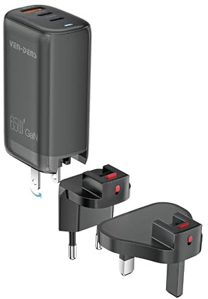 VEN-DENS 65W GaN USB-C Fast Charger Plug, 3-Port PD Charger (1×USB-C + 2×USB-A), Detachable UK/EU/US Plug, Universal Travel Wall Adapter for iPhone, Samsung, iPad, Laptop – SP-TC92UG