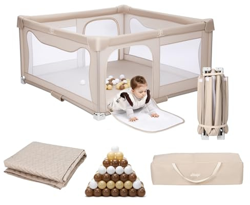 Elissio® Bodenlaufstall Baby – Faltbarer Laufstall mit taupefarbener Spielmatte & 50 Bällen – Krabbelgitter – Baby Laufgitter – Playpen für Babys – 150 x 150 x 76,5 cm – Beige