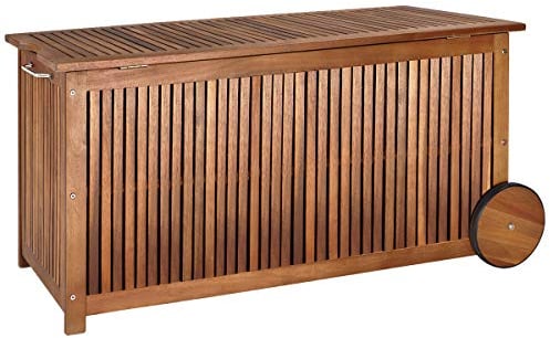Casaria® Gartenbox Holz 350L Deckel 160kg belastbar Räder Griff Innenplane Ablaufkante Garten Stauraum Box Auflagenbox Akazie Wetterfest 117x52cm