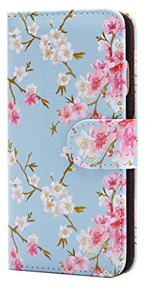 32nd Floral Series - Design PU Leather Book Wallet Case Cover for Apple iPhone 6 & 6S, Designer Flower Pattern Wallet Style Flip Case With Card Slots - Spring Blue