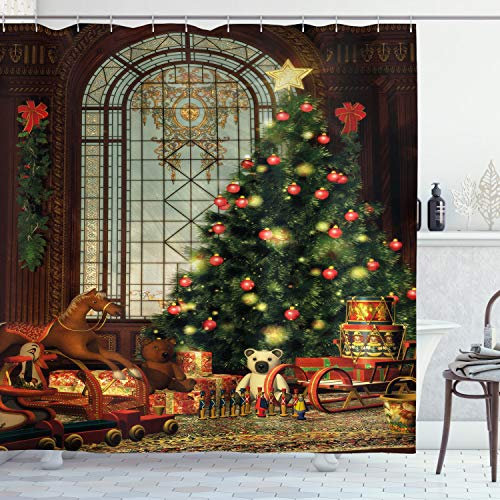 ABAKUHAUS Natale Tenda da Doccia, Albero di Natale, Tessuto Set di Decorazioni per Il Bagno con Ganci, per la Vasca da Bagno, 175 cm x 220 cm, Marrone Rosso Verde