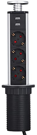 Logtronik Multiprise Encastrable Multiprise Electrique à la Norme Européenne - avec 3 Prises de Courant 2 USB Prises - Diamètre 60mm Câble 1,8m - pour Cuisine ou Bureau (Argenté)