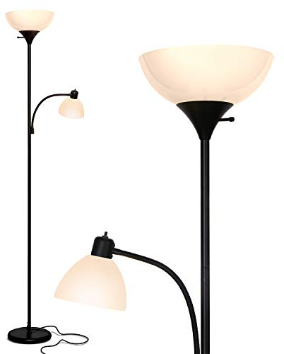 Brightech Sky Dome Plus LED Floor lamp, Torchiere Super Bright Floor Lamp with Reading Lamp for Living Rooms & Offices - Dimmable Tall Standing Lamp for Bedroom Reading - Black