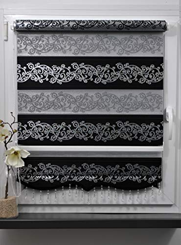 Storperde24 Doppelrollo Klemmfix Duo Rollo ohne Bohren Seitenzug mit Klemmträger Tür Fenster (Schwarz Ranken, 130x200 cm)
