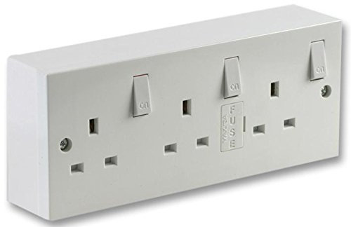 Single 1 Gang to Triple 3 Gang Switched Fused Mains Socket Converter with Back Box, White - 1 Pack