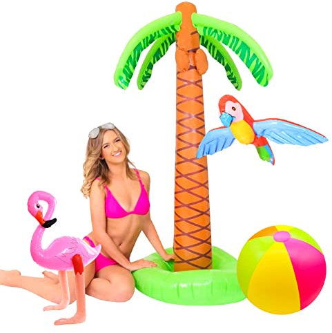 Inflatable Party Pack Summer Party Fancy Dress - Inflatable Palm Tree, Inflatable Parrot, Inflatable Flamingo & Inflatable Beach Ball - Tropical Hawaiian Party Prop/Decoration