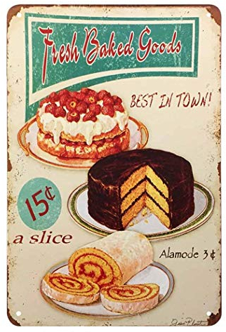 AOYEGO Blechschild mit Aufschrift Fresh Baked Goods, Kuchen-Creme-Ring, frische leckere Erdbeere, Obst, Essen, Schokolade, Dessert-Teller, lustige Retro-Schilder, 20.3 x 30.5 cm