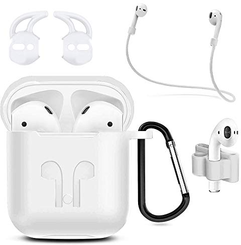 MMOBIEL Custodia antiurto in silicone compatibile con AirPods 1/2 Cover protettivo Skin 6in1 Set con Clip Ganci per orecchie Cinturino (Bianco)