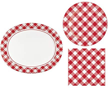 Classic Red and White Gingham Party Supplies for up to 8 People | Bundle Includes Paper Plates and Napkins