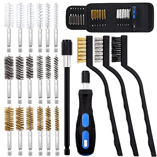 Wokape Lot de 23 brosses métalliques de 6 tailles différentes - En acier inoxydable, laiton, nylon - Brosse de nettoyage torsadée pour le nettoyage des scories de soudage - Tige hexagonale de 6,35 mm