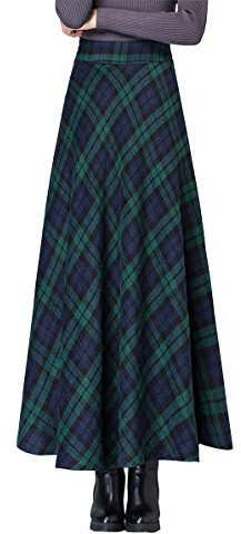 Damen Lang Rock Elegant Maxi Winterrock Plaid Warm Wollrock Hohe Taille Karierter röcke Herbst Elastische Taille Vintage A Linie Casual Midi Faltenrock E Green XXL