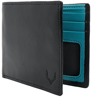 PELLE TORO Handmade Super Slim Men's Wallet, Handmade with Napa Leather, RFID Blocking Wallet, 9 Card Slots & ID Window (Charcoal Black & Aqua Blue)