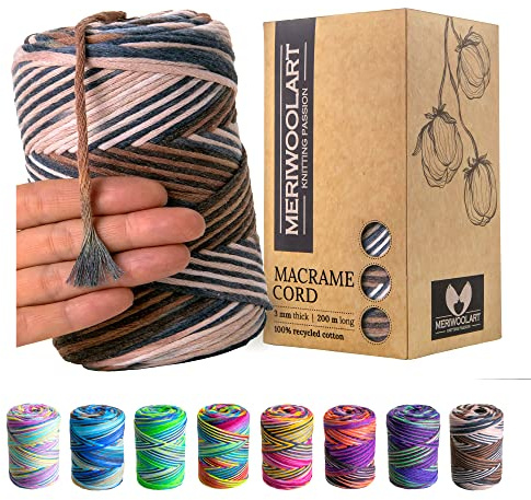 MeriWoolArt® Makramee Garn - Makramee Garn 3mm farbig 200m - Super weiches Garn, einfach gedrehte Makramee Schnur - Öko-Tex 100% recyceltes Baumwollgarn farbig - DIY Boho Deko Makramee