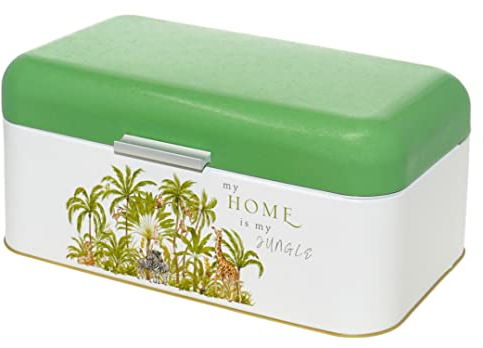 Lashuma Vorratsdose für Brot, Metall Brotkasten grün Dschungel, Brotaufbewahrung eckig 36x21 cm