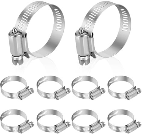 Hose Clamp, Stainless Steel Hose Clamps 1 Inch to 2 Inch, Large Adjustable Worm Gear Hose Clamps Assortment Kit Hose Pipe Tool for Fuel Line, Plumbing, Automotive Mechanical, 10 PCS Hose Clamp Set