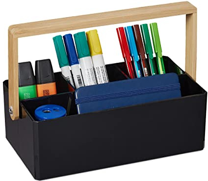 Relaxdays Organiser, Carrying Handle, 4 Compartments, Storage, Bamboo, Plastic, H x W x D; 8.5 x 26 x 16 cm, Black