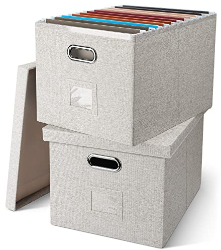 Graciadeco File Organizer Box, Collapsible Storage Filling Collectior with Lid for Letter Legal Size Hanging Folders Decorative Linen File Folder Box Document Storage Filing Bin, Beige 2 Pack