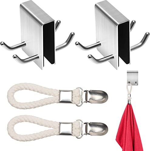 Boisbresil 2 Set Duschhaken ohne Bohren Steckhaken Duschhaken Edelstahl Haken Handtuchhaken Mehrzweck-Haken Edelstahl Duschwandhaken für Glasstärken von 11-12 mm mit 2 Handtuch Clips zum Aufhängen