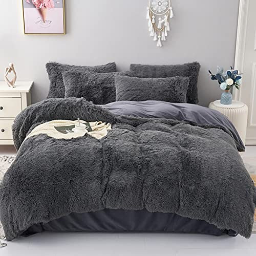 AShanlan Warme Plüsch Bettwäsche 135x200 Grau Flauschig Winter Bettbezug Langhaar Flausch Fleece Plüschbettwäsche Set mit Reißverschluss Kopfkissenbezug - 135 x 200 + 80 x 80 cm