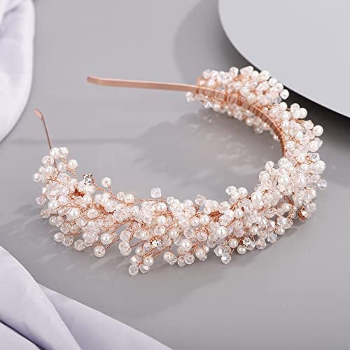 BERYUAN Bridal Crown for Bride Bridesmaid Pearl Crystal Hair Piece (rose gold)