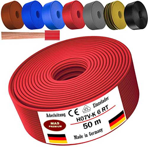 MAS Premium Cable de 5 a 100 m H07 V-K 6 mm² negro, marrón, azul oscuro, amarillo verdoso, gris, rojo o azul claro, cable individual flexible (rojo, 50 m)