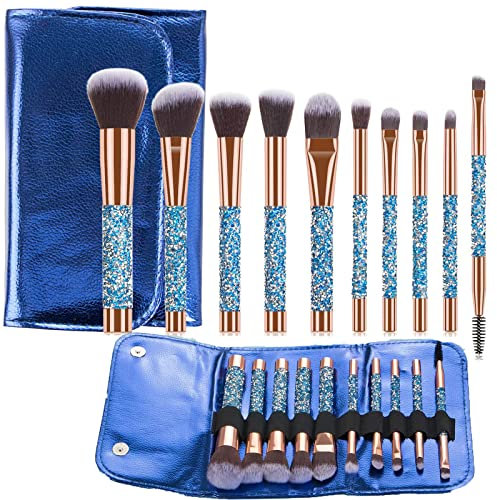 Glitz and Glam Lot de 10 pinceaux de maquillage essentiels avec strass Bleu