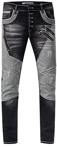 Rusty Neal Jeanshose 'URUMA' Colorblock-Vintage-Used Streetwear Jeans Denim Reißverschluss Offene Knopfleiste Slim-Fit Ultra-Washed 237, Farbe:Black Used, Größe Jeans L32:34W / 32L