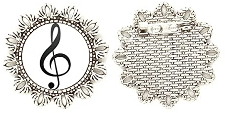 Brosche mit Notenschlüssel, Schwarz, Weiß / Silber, Blumen-Design, M