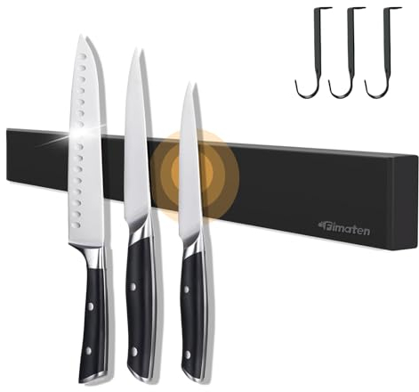 Magnetleiste Messer für die Wand, mit 3 Haken, 40 cm schwarzer Messerhalter magnetisch ohne Bohren, extrem selbstklebend Magnet Messerhalter, inklusive Klebeband und Schrauben für Messer, Werkzeuge