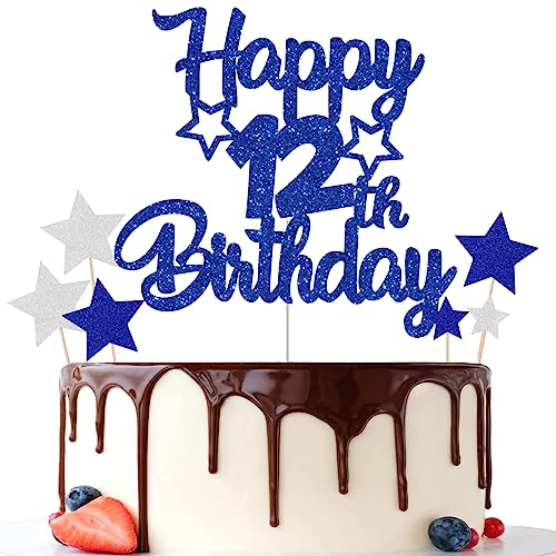 Gidobo 12th Birthday Cake Toppers, Blue Glittery Cake Decorations with Stars, Twelve Years Old Birthday Party Supplies for Boys and Girls