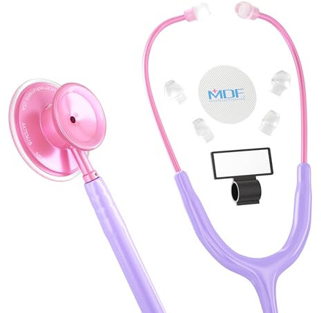 MDF Instruments, Stetoscopio leggero Acoustica per medici, infermieri, studenti, uso sanitario a domicilio, per adulti, a doppia testa, tubo Violetk, auricolare-pettorale rosa, MDF747XPPO01