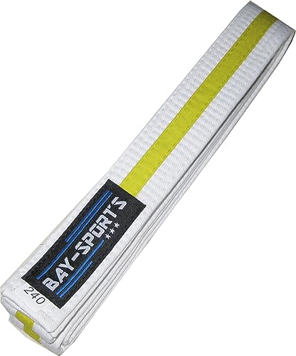 Budogürtel, Kampfsportgürtel, weiß/gelb/weiß zweifarbig dreifarbig mit Mittelstreifen Wettkampfgürtel Budo Gürtel Kampfsport Karate Judo Taekwondo (180 cm)