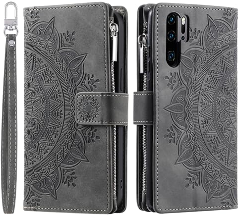VEEMOS Handyhülle für Huawei P30 Pro hülle Klappbar Blumen Handytasche Schutzhülle Klapphülle mit Kartenfach Handy Tasche Book Cover Flip Case Ständer - Grau
