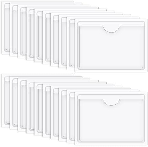 Vicloon Visitenkartentaschen Kleben, 20 Stück Visitenkartentaschen Selbstklebend Transparent, 5 * 7cm, Etikettenhalter Selbstklebend, Obere Öffnung, Büro Organisieren und Sortieren