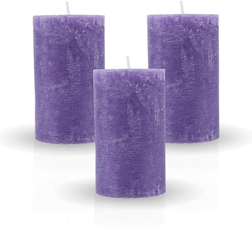 Bestgoodies Rustikale Stumpenkerze 3er-Pack Lila vers. Farben/Größen - Lange Brenndauer Antik Kerze, Duftfreie Altarkerze - Dekokerze, Adventskerze