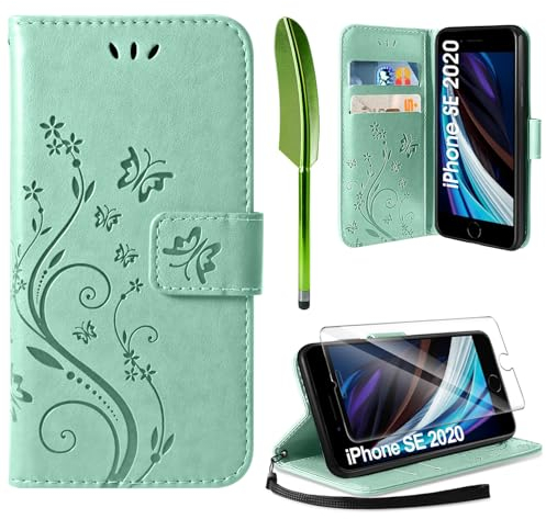 AROYI Lederhülle Kompatibel mit iPhone SE 2022/2020/7/8 Hülle und Schutzfolie,Handyhülle Flip PU Leder Wallet Tasche Case Schutzhülle Kompatibel mit iPhone SE 2022/2020/7/8 Minzgrün