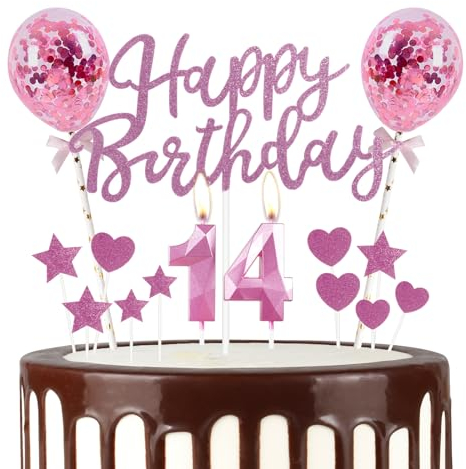 mciskin Pink 14th Birthday Decorations for Girl,3D Number 14 Candle for Cake,Pink Cake Toppers for Girl,Glitter Happy 14th Birthday Cake Toppers for Party Decorations Supplies