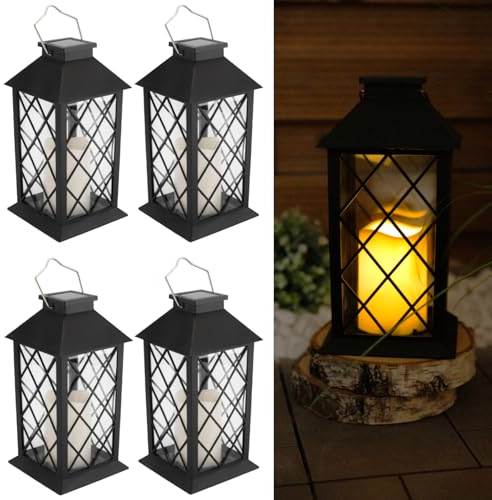 Lumiled 4x Set Solarlaterne Außen Solar Laternen Draußen LED Glas Laterne Solarleuchte Kerze Flammeneffekte Kerzenlaterne IP44 Vintage schwarz Hängend Dekorative Außenleuchte Gartenlampe