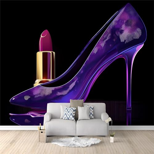 Fototapete 3D Effekt High Heels Lippenstift Schwarz 350x256 cm Vliestapete Wohnzimmer Schlafzimmer Vlies Tapete Art Wandtapete UV-Beständig Wanddekoration Tapete