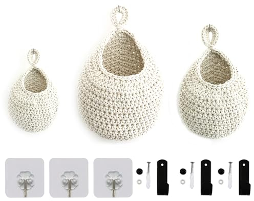 Gevvnss Obstkorb Hängend Wandkorb,Hängekorb 3 Stück mit 3 Haken,Hängekörbe,Aufbewahrungskörbe,Aufbewahrungskorb Geflochten,für Hängekorb Küche,Wohnzimmer,Bad,Beige