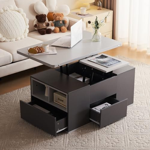 ModernLuxe Coffee Table with Storage, Lift Up Coffee Table for Living Room, Side Table with 2 Drawers and Open Storage Compartments, Height Adjustable, 3 Modes, Rounded Corner Design, Grey & White