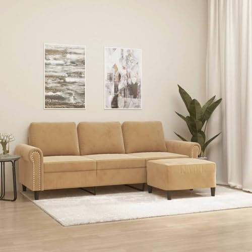 Willood 3-Sitzer-Sofa mit Hocker Braun 180 cm SamtMit dickem Kissen, Fußhocker