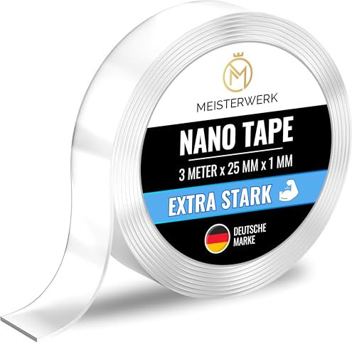 MEISTERWERK - Doppelseitiges Nano-Klebeband [EXTRA STARK] - Klebstofffrei & Spurlos dank Gecko-Effekt I Rutschfest - Waschbar & Wiederverwendbar