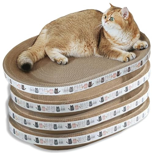 Spindro 4 Pack Extra Large Cat Scratcher Cardboard, Oval Cat Scratcher Bed Cat Scratch Bowl, Scratching Lounge Couch Round Shaped Cat Scratch Board Nest for Indoor Cats Furniture Protector