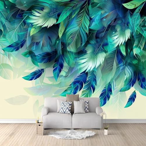Wallpaper Photo Teal Panoramic Mural - Non-Woven Premium Abstract Feather Plant Leaf Pattern Wall Mural Decoration Poster 400 x 280 cm Wall Mural Wallpaper for bedrooms Teenager Wallpaper